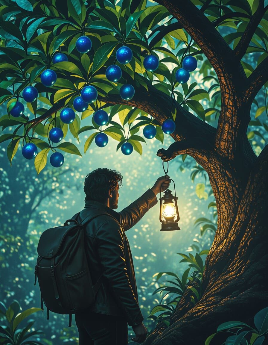 Scientist and Radiant Tree in Mystical Forest