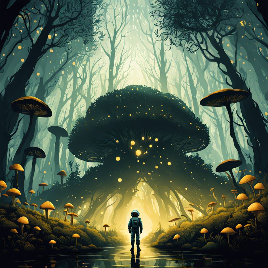 Astronaut in Glowing, Ethereal Forest, Softly Illuminated