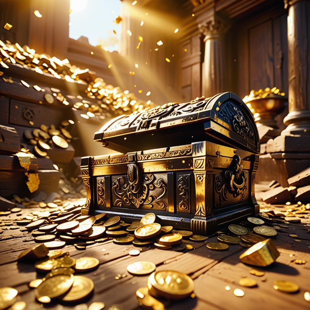 Ornate Chest Spills Gold in Golden Light