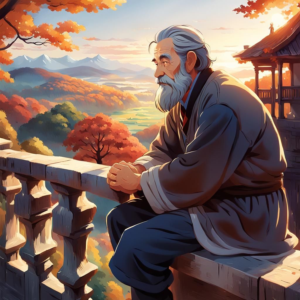 Hopeful Old Man Gazing at Autumnal Landscape