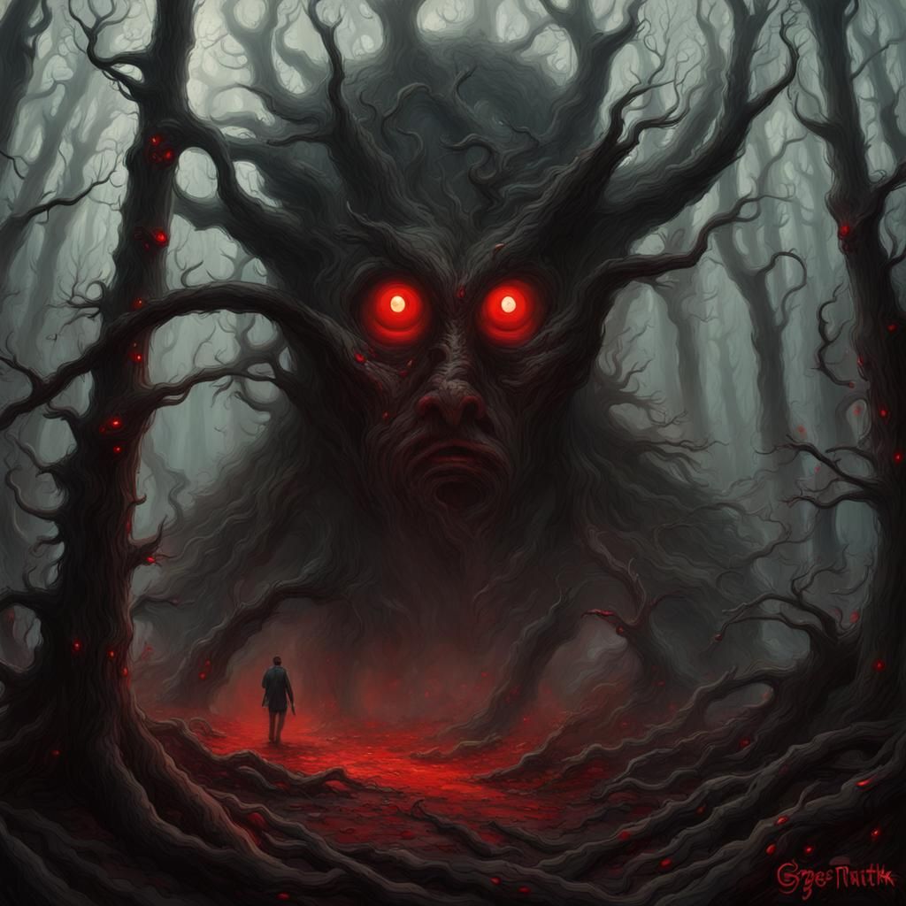 Sinister Forest with Red Eyes, Greg Rutkowski Style