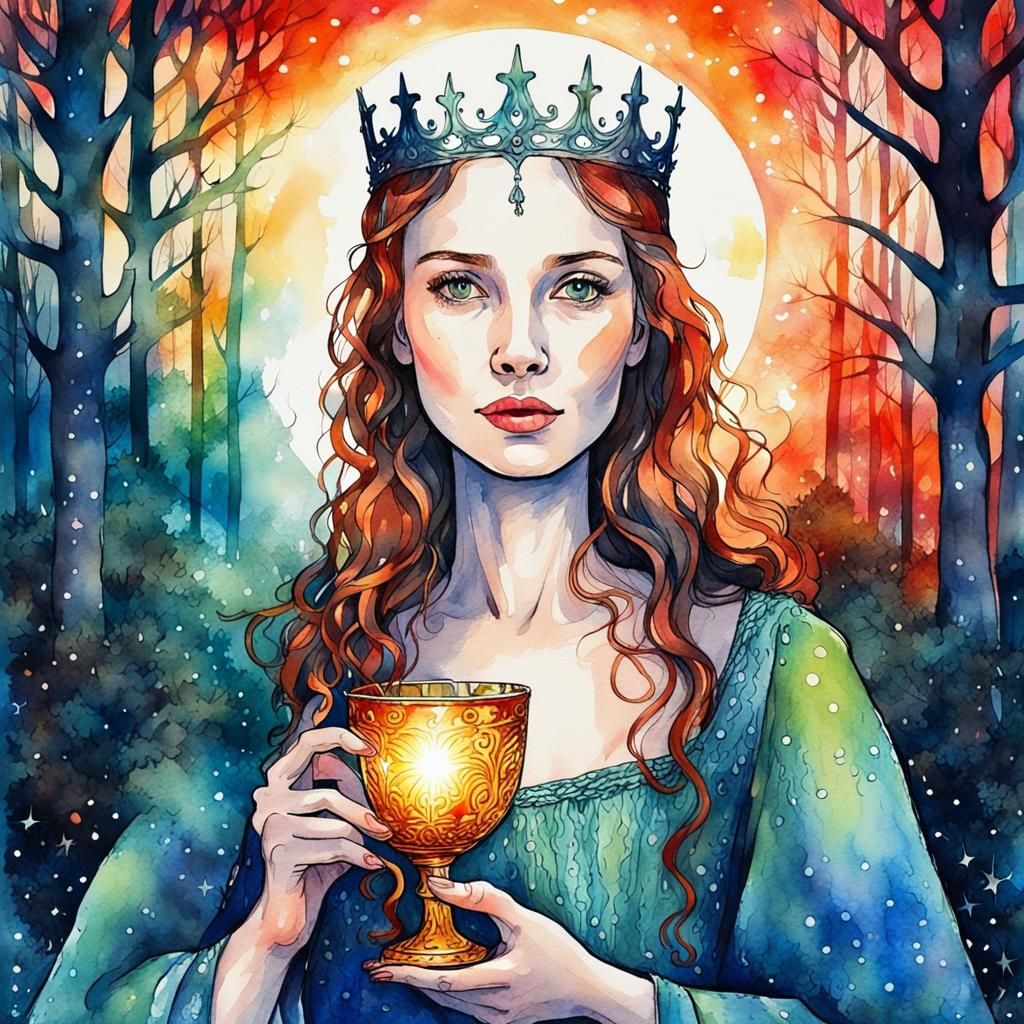 Guinevere with Holy Grail, Watercolor Painting