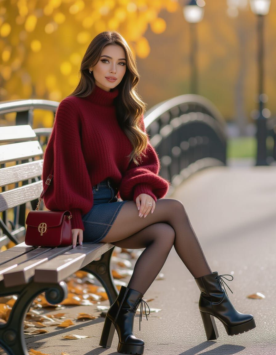 Feminine Autumn Outfit on Park Bench