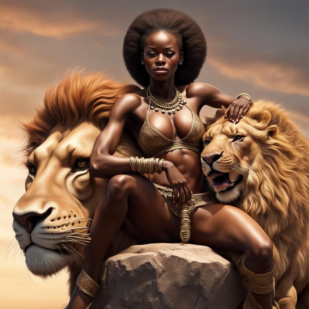 Muscular African Woman Riding a Lion