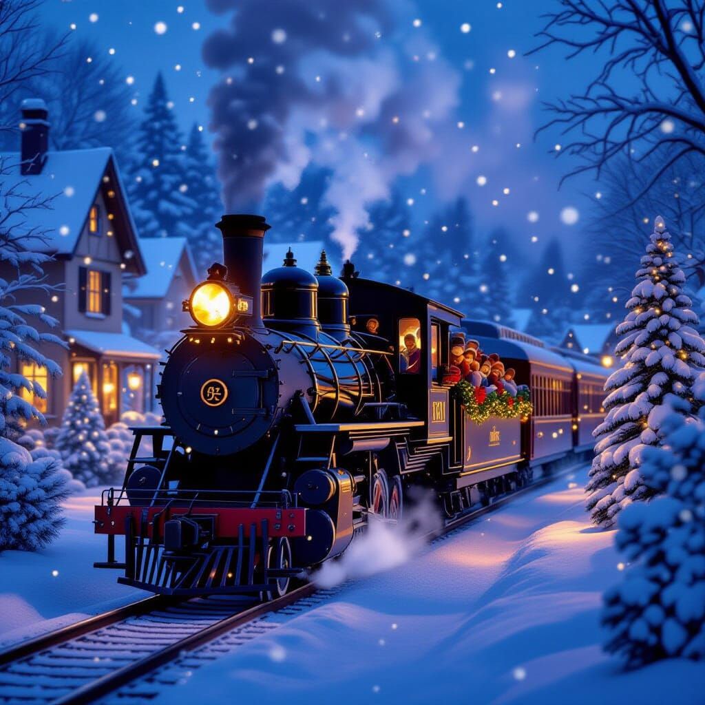 Vintage Christmas Train in Snowy Village at Dusk