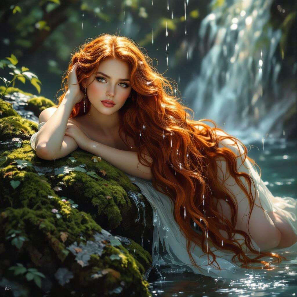 Woman with Red Hair Under Waterfall in Oil Painting Style