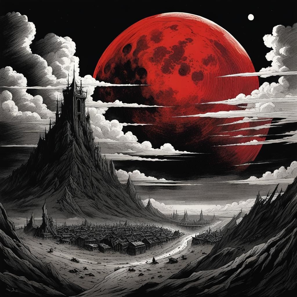 Post-Apocalyptic Moon in Dark Fantasy Manga Style