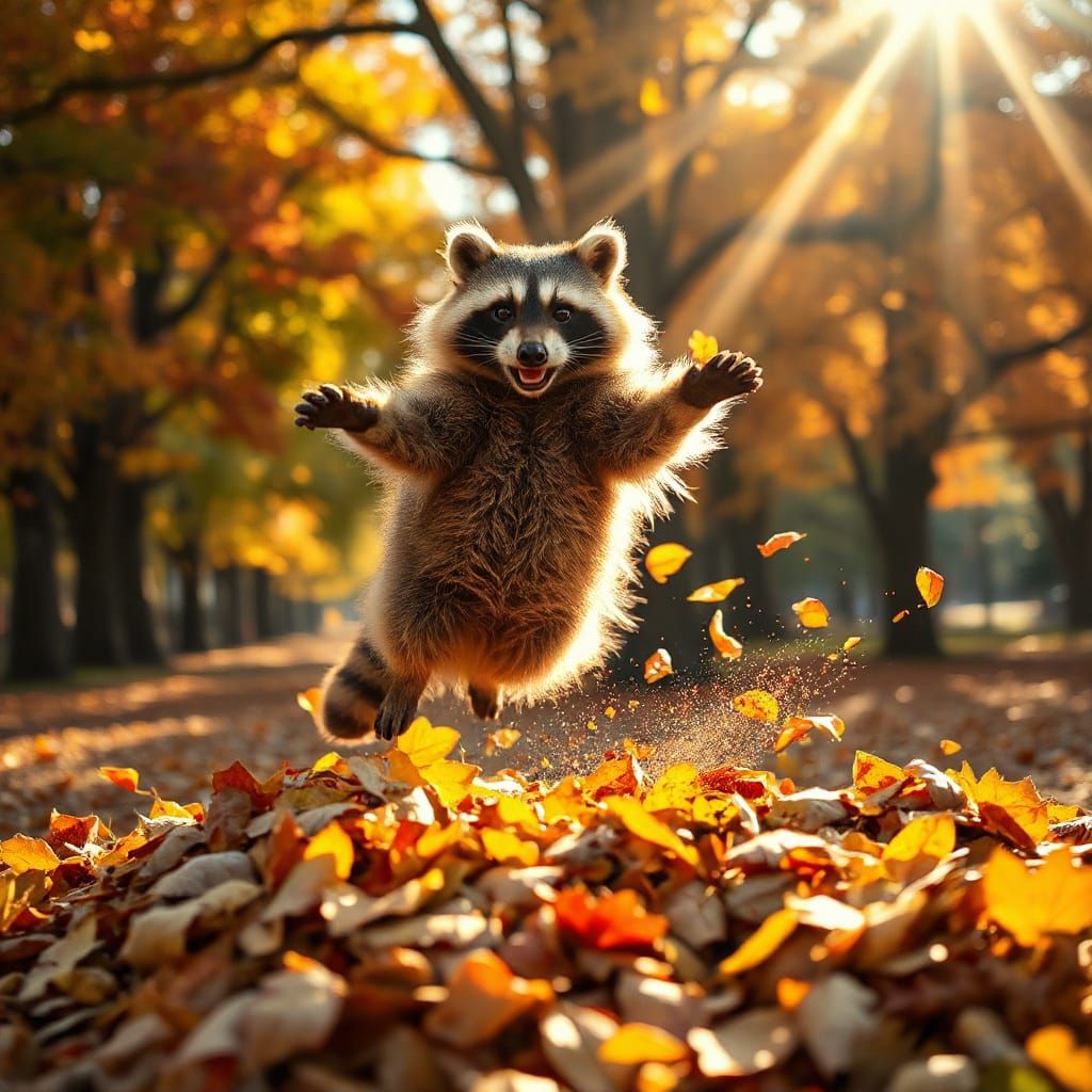 Heroic Raccoon Leaps Through Autumn Leaves
