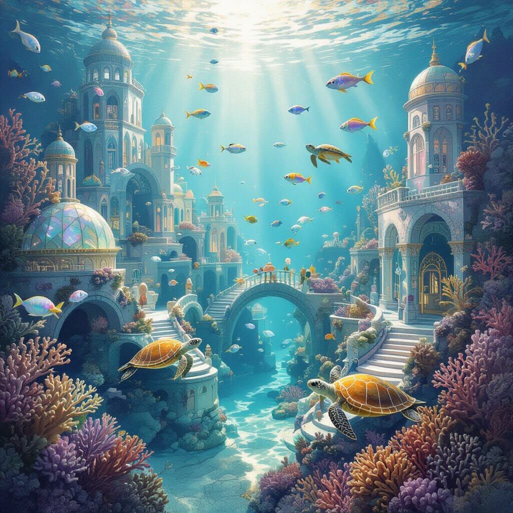 Underwater Coral City With Iridescent Fish and Sea Turtles