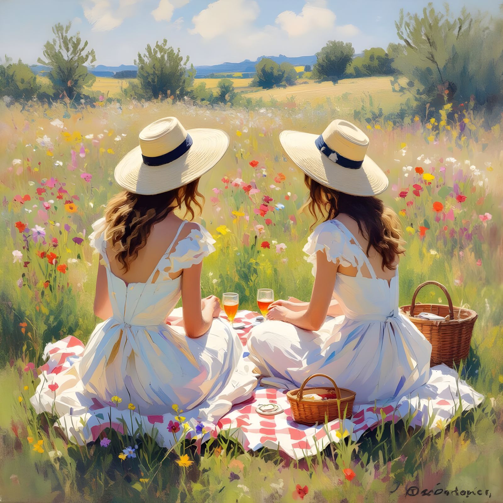 Impressionistic Picnic Scene in Wildflower Meadow