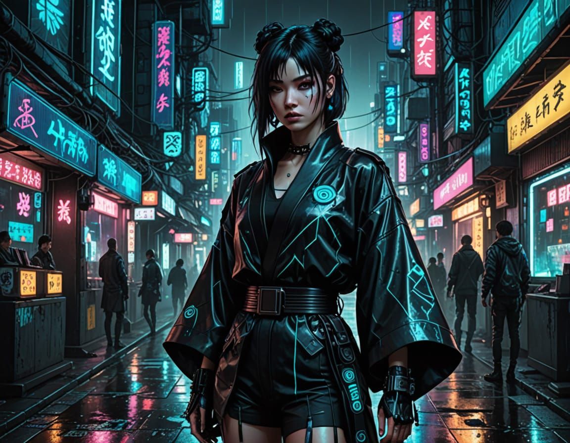 Ethereal Cyberpunk Goddess in Neon Kimono