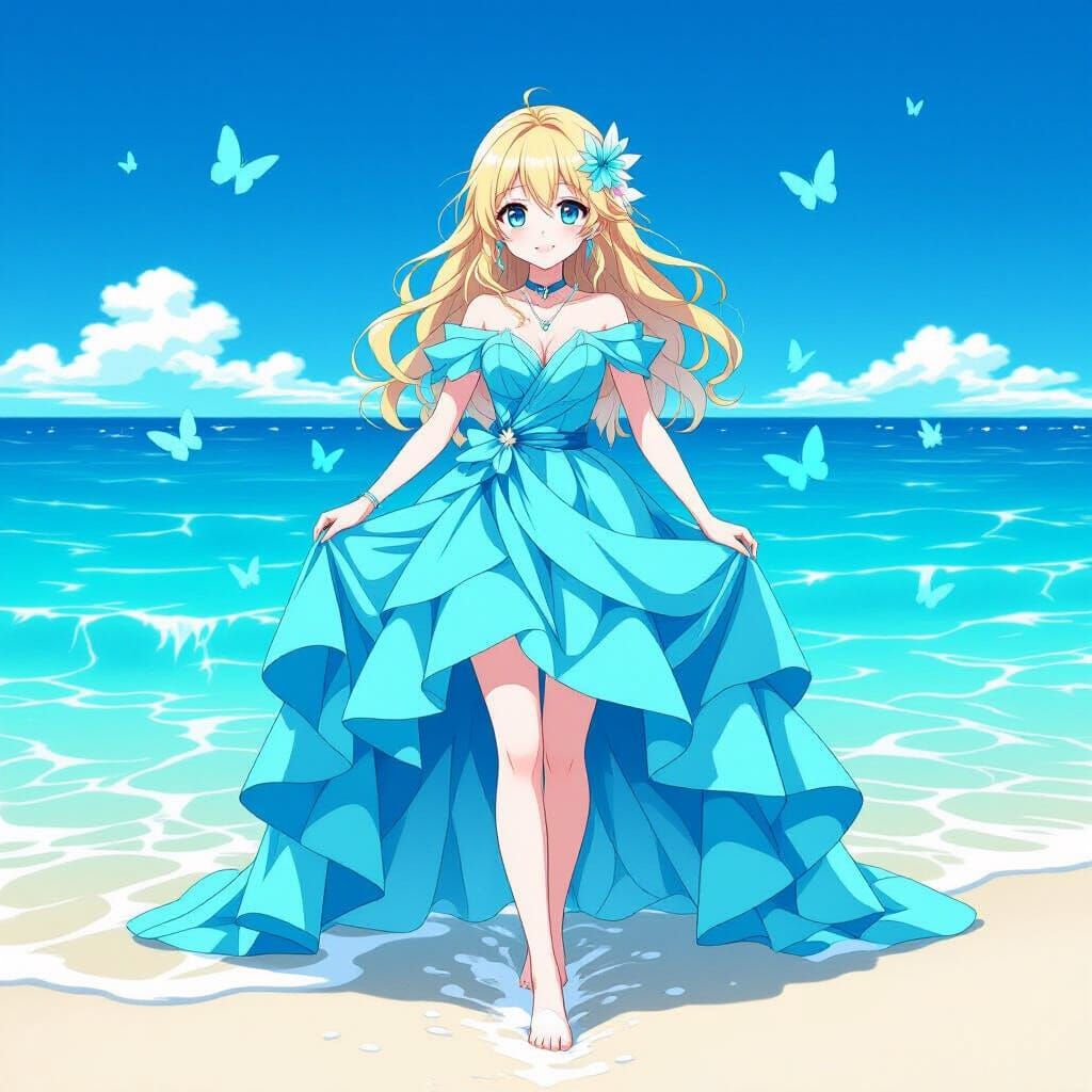 Anime Girl Emerges from Turquoise Sea with Butterflies