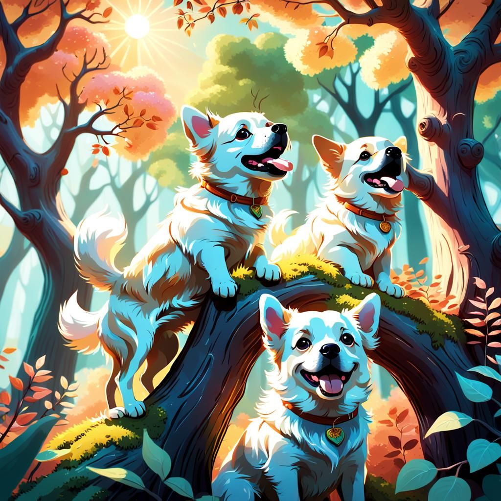 Joyful Kawaii Dogs in Whimsical Fantasy Forest