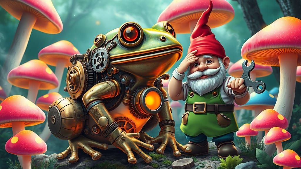 Whimsical Steampunk Scene in Vibrant, Cel-Shaded Style