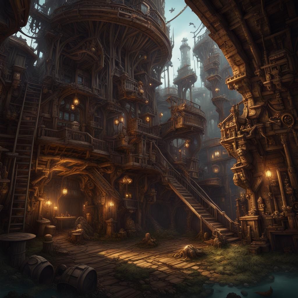 Fantastical Cog Dwelling in Detailed Matte Painting