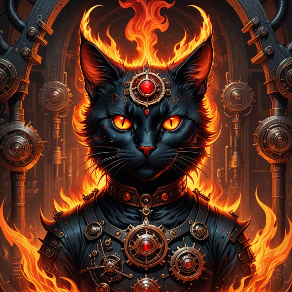 Steampunk Feline Demon Unleashed in Hellish Library