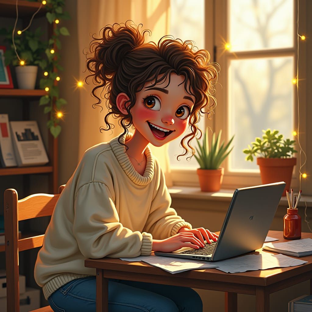 Joyful Young Author at Vintage Laptop: Expressive Illustrati...
