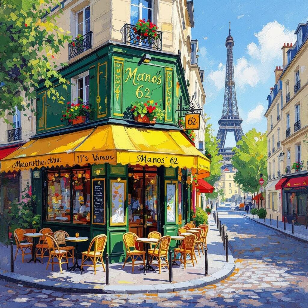 Charming Parisian Street Cafe Scene in Impressionistic Style