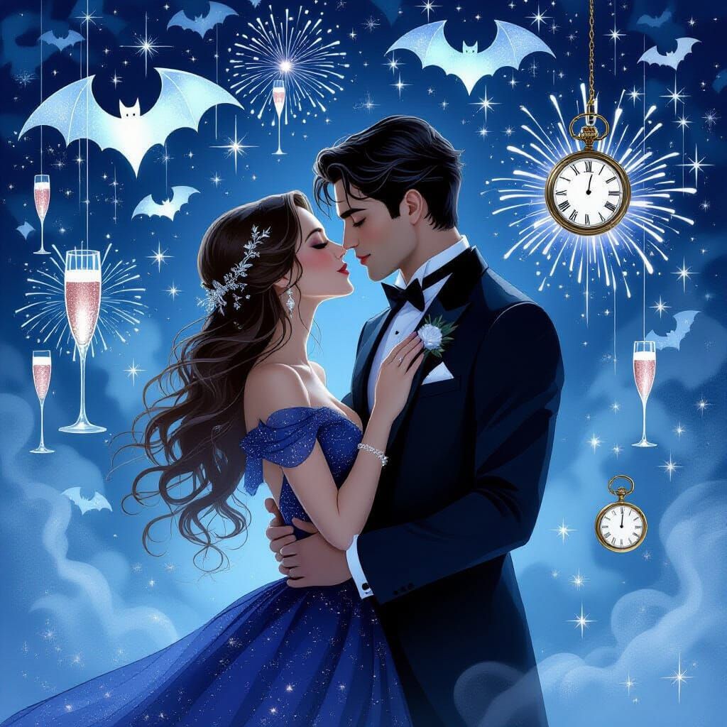 Vampire Couple's Romantic Midnight Kiss with Bat Fireworks