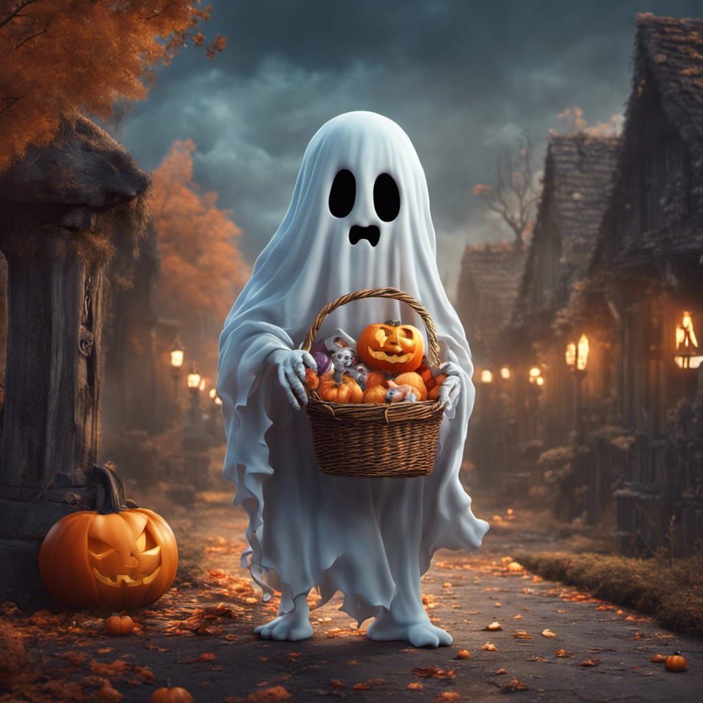 Adorable Ghost with Trick or Treat Basket