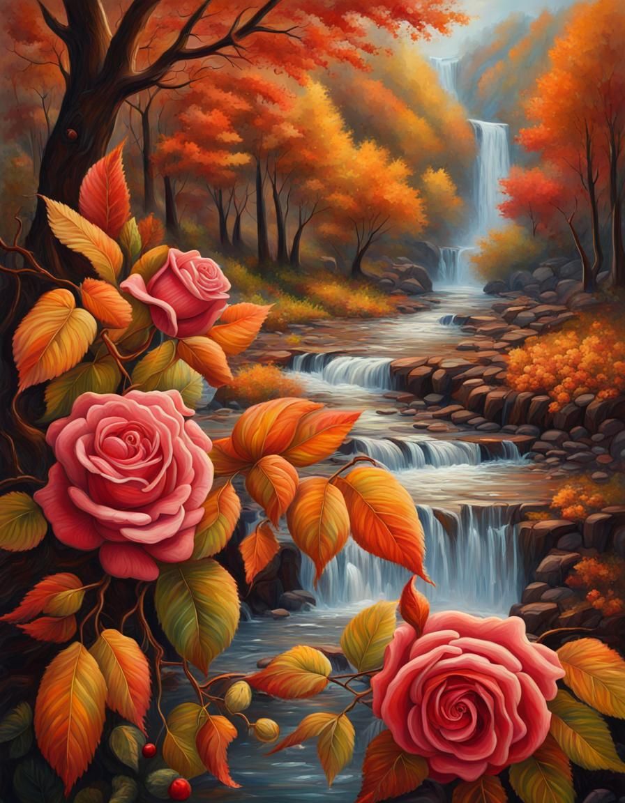 Autumnal Roses and Berries in Impressionistic Oil Painting