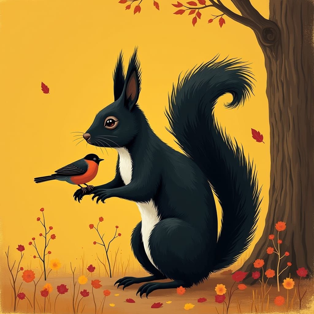 Squirrel and Bird in Autumnal Illustration
