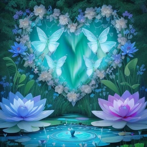 Aurora Borealis and Butterfly Heart Over Pond