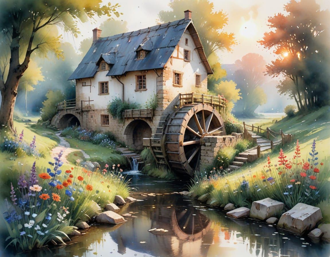 Fairy Tale Watermill by an Enchanted Brook