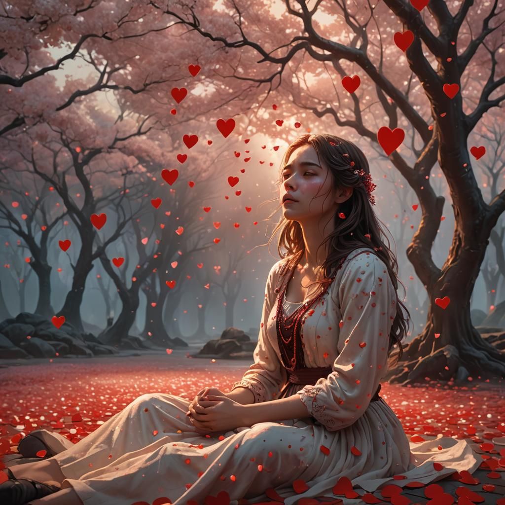 Woman Surrounded by Floating Hearts: Dreamy Concept Art
