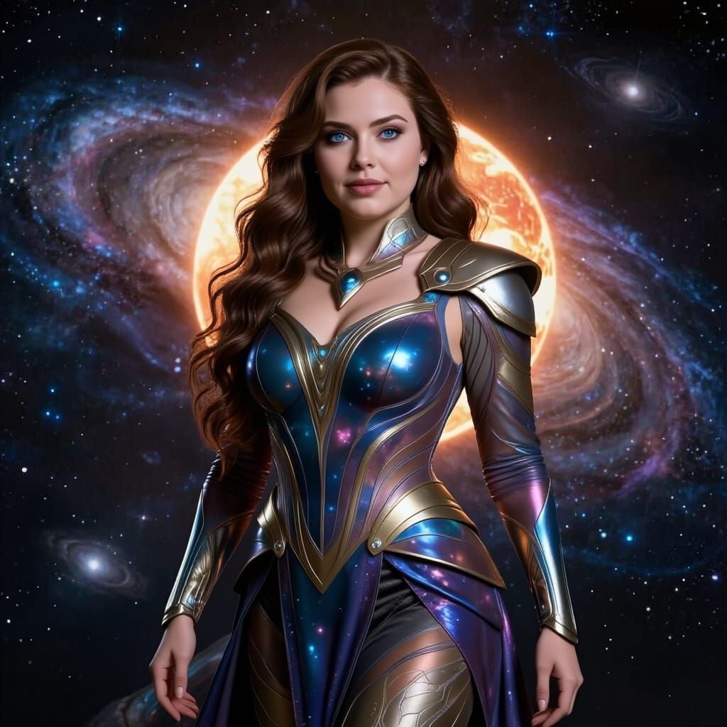 Galactic Princess with Long Brown Hair and Blue Eyes