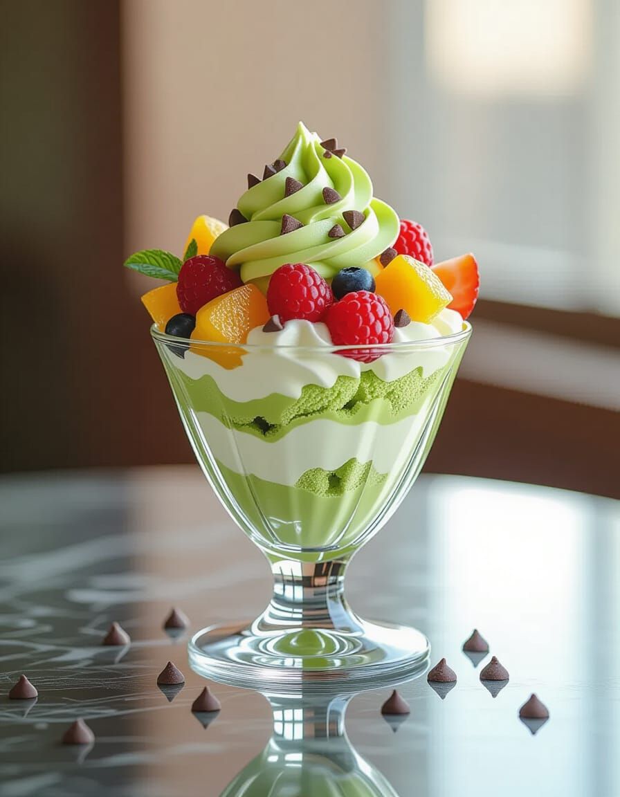 Matcha Parfait with Fruit, Watercolor Digital Art