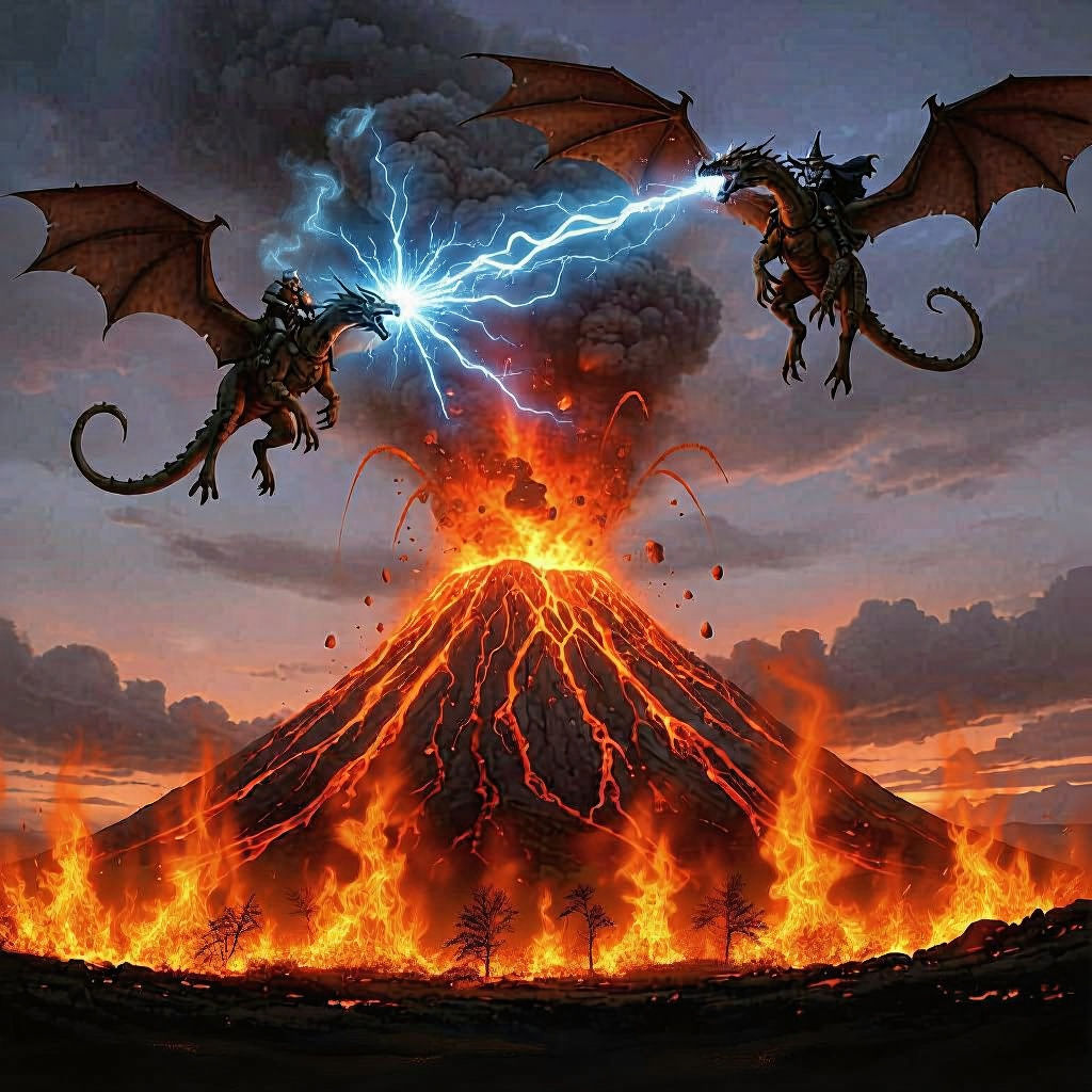 Epic Dragon Battle Above Erupting Volcano