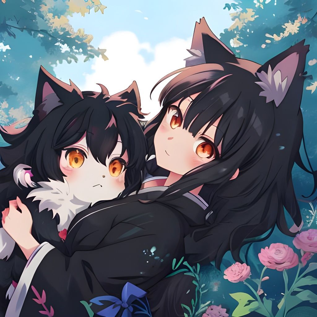 Anime Wolf Girl with Black Hair in Manga Style
