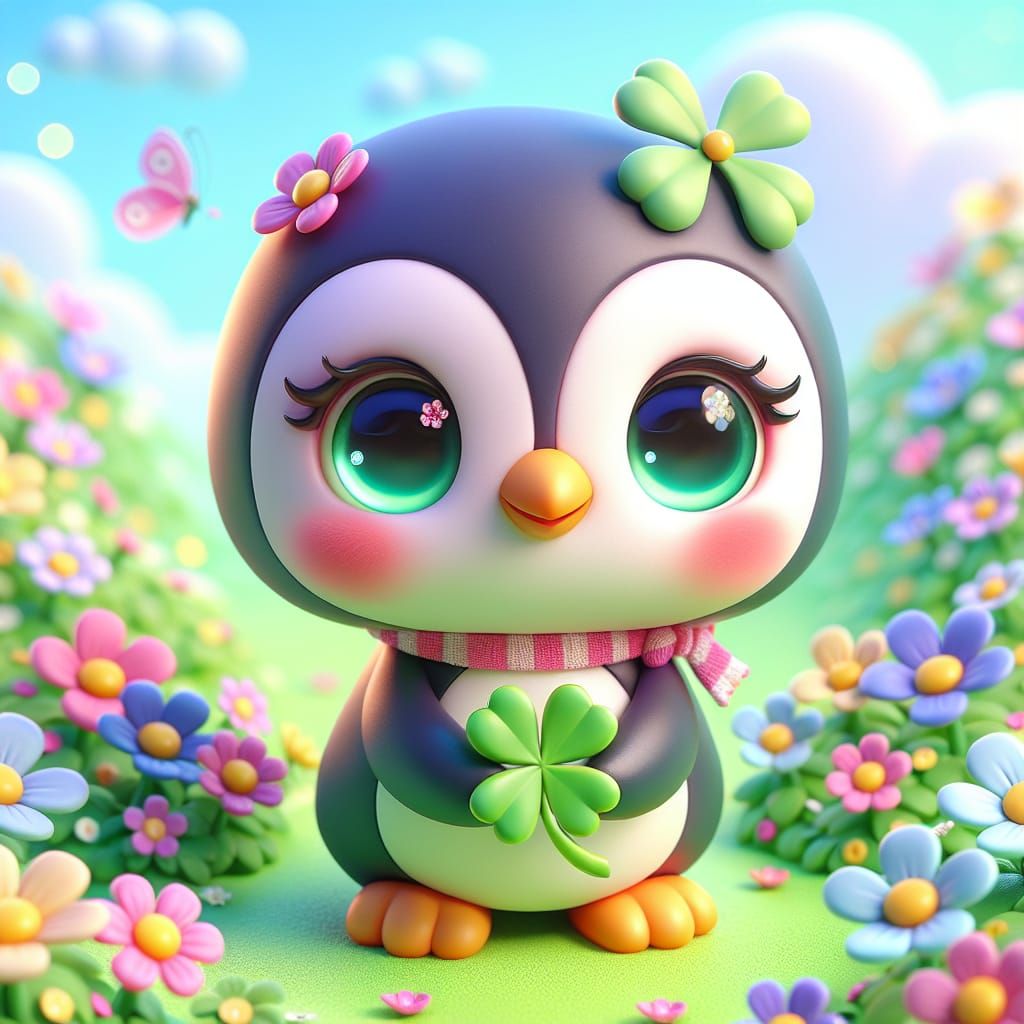A Disney Pixar style 3D tiny adorable penguin, holding a fou...