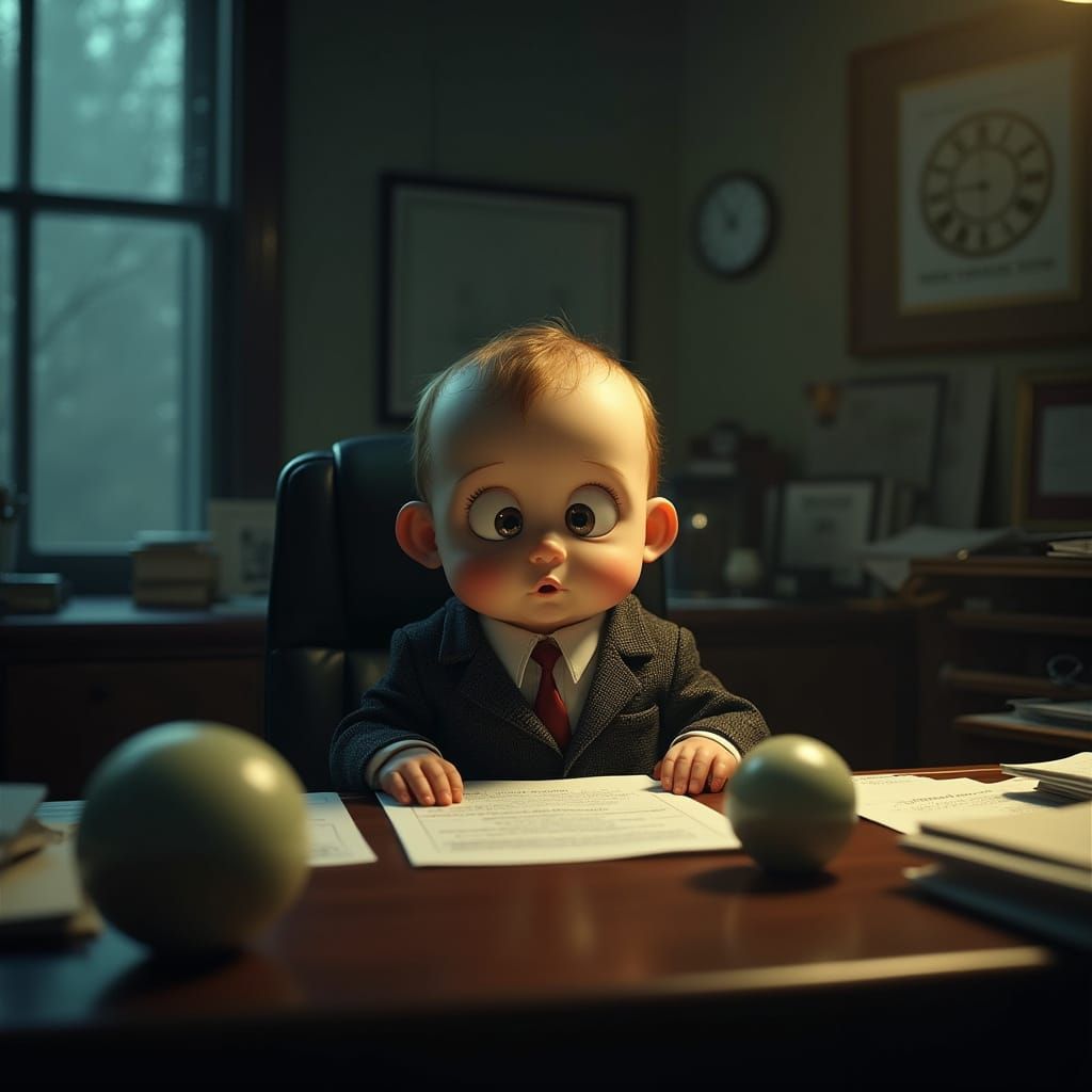 Film Noir Baby CEO in Dimly Lit Office