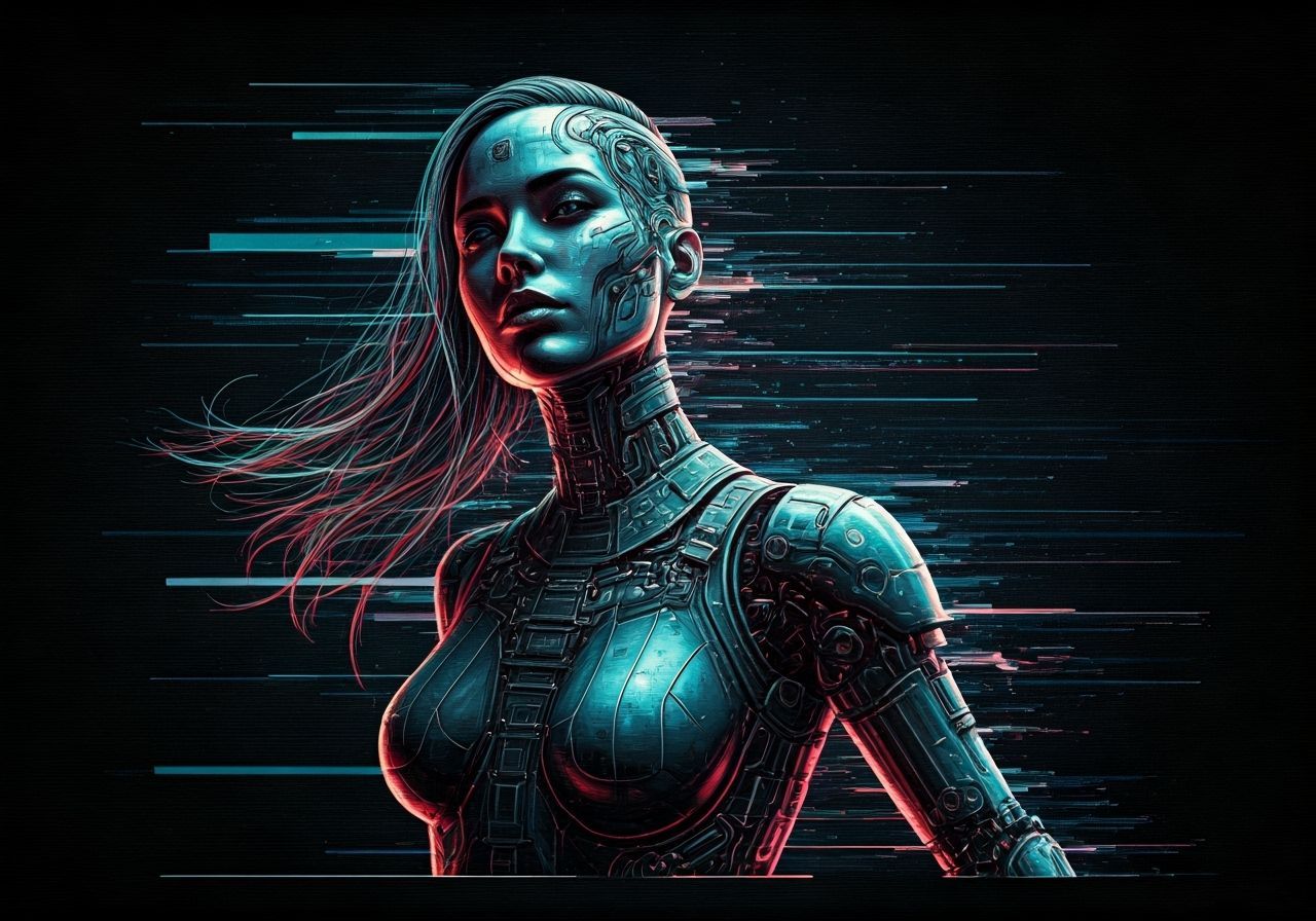Cyborg Woman in Glitch Landscape: Futuristic Digital Art