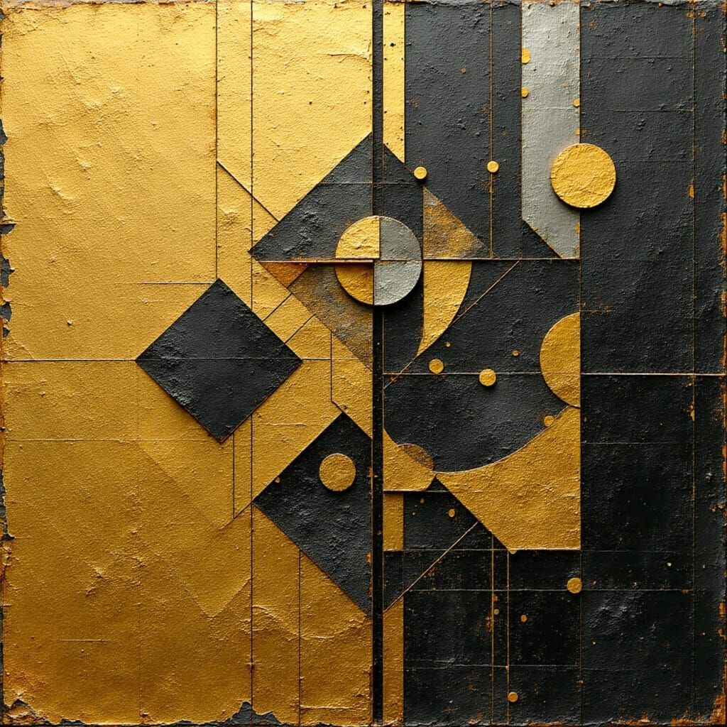 Sacred Geometry Glitch Art in Gold, Silver, and Black