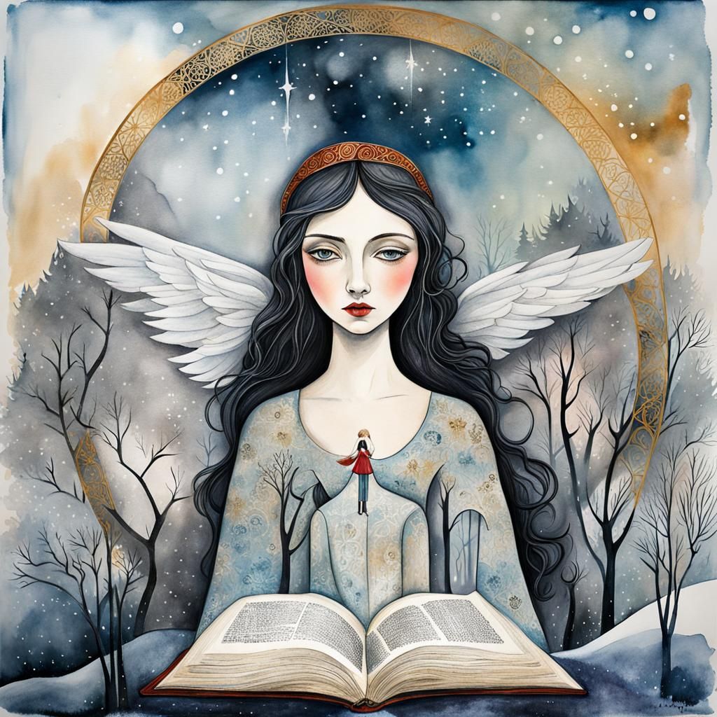 Angelic Contemplation in Winter: Mixed Media Art