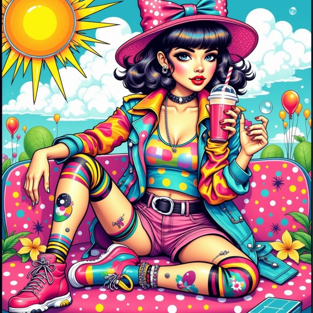 Colorful Gamer Girl in Polka Dot Comic Style