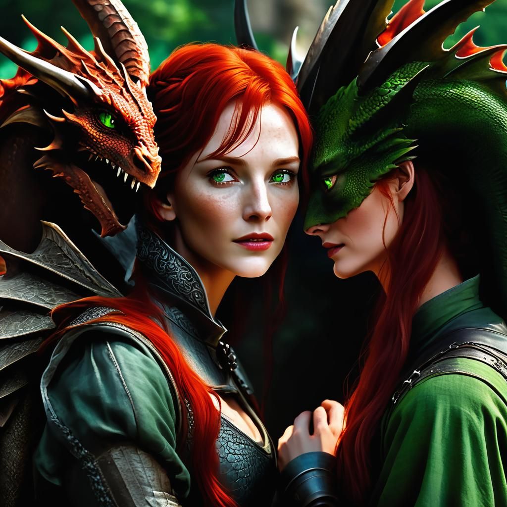 Red Dragon and Woman with Green Lantern