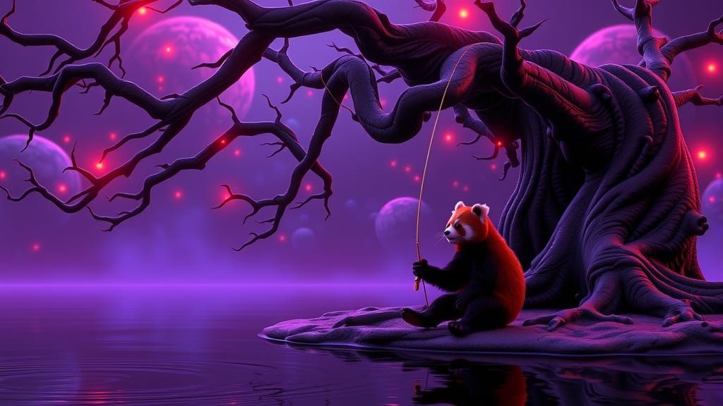 Red Pandas Fishing by Ethereal Pond, 3D Art