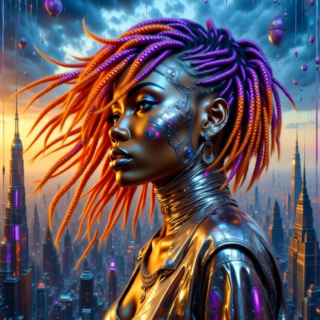 Cyberpunk Goddess Leaps Toward Rainbow City