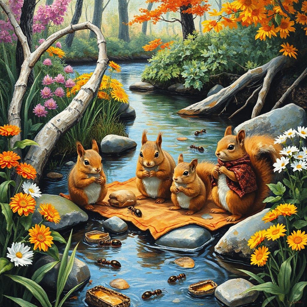 Squirrel Picnic in Neo-Impressionist Style
