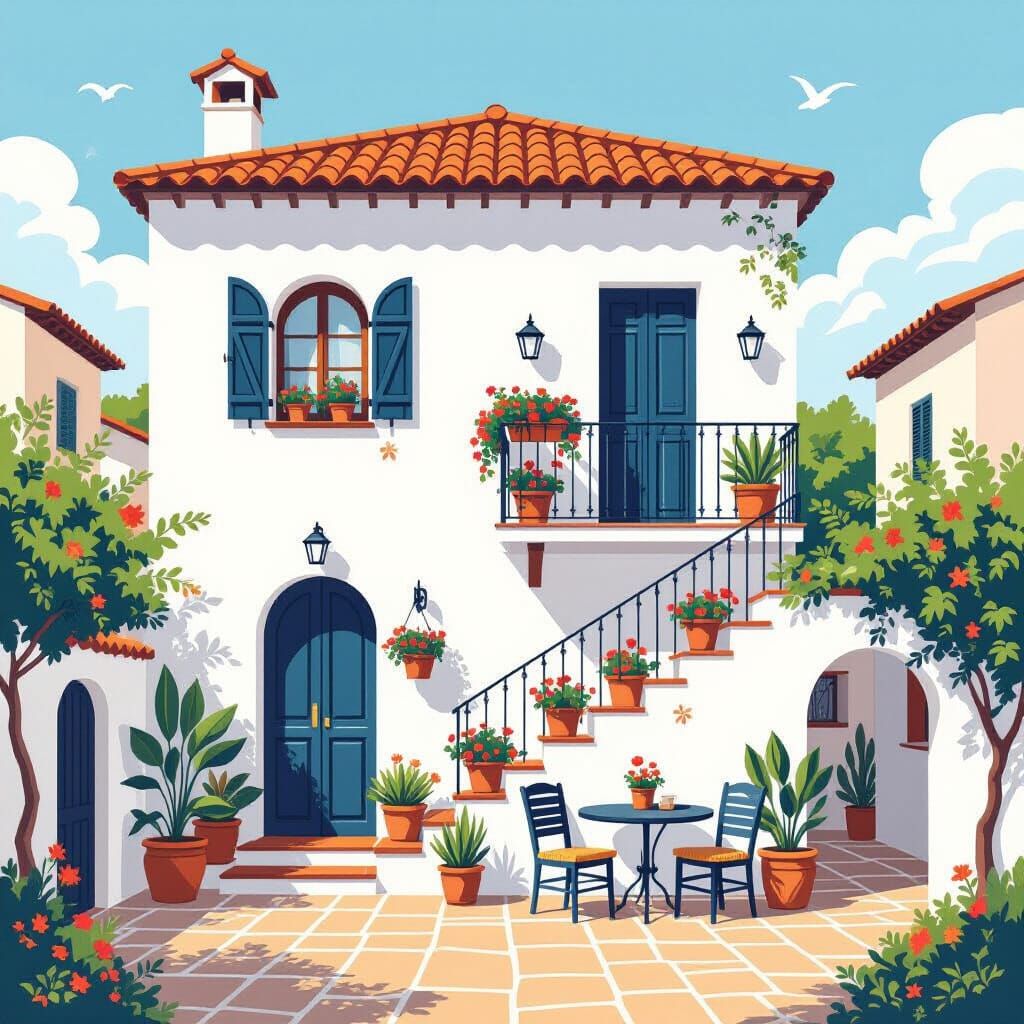 Charming Mediterranean Building Adorned with Lush Plants