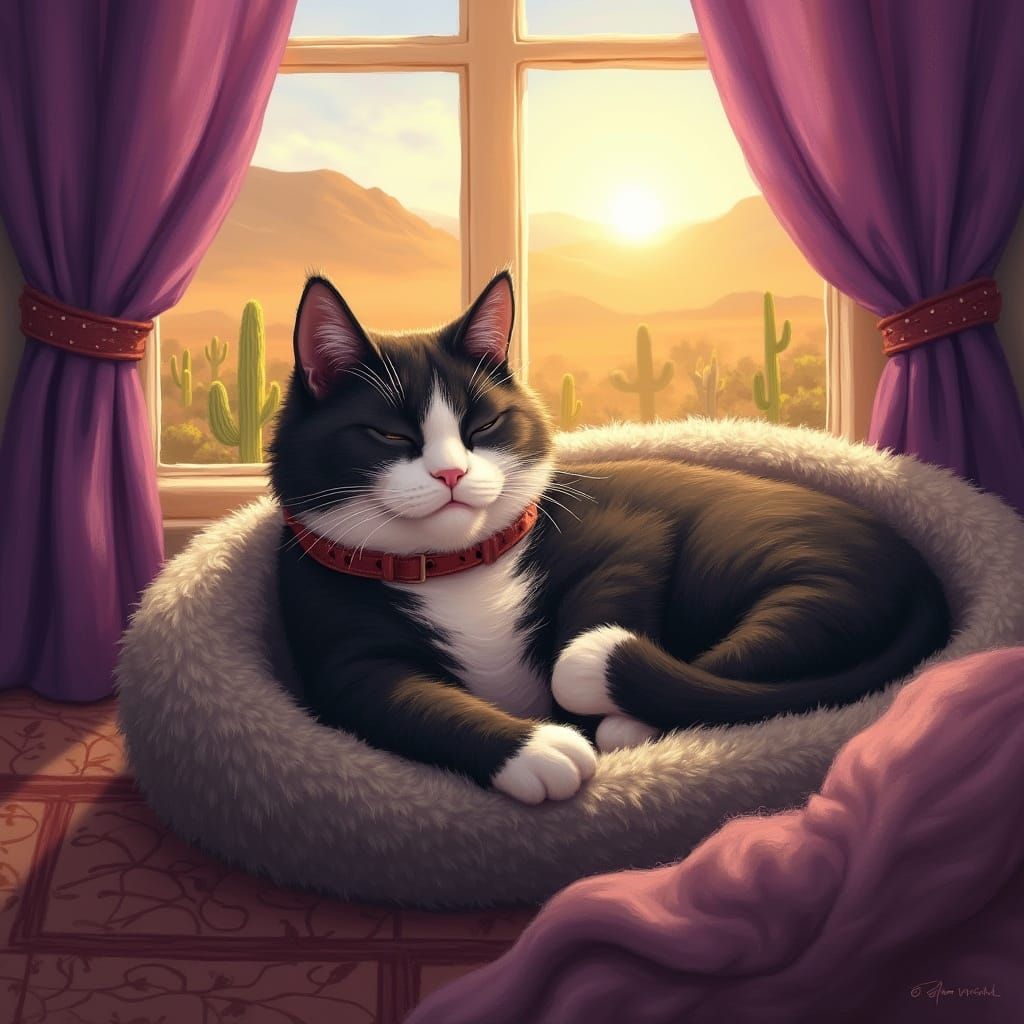 Tuxedo Cat Napping in Arizona Desert Sunlight