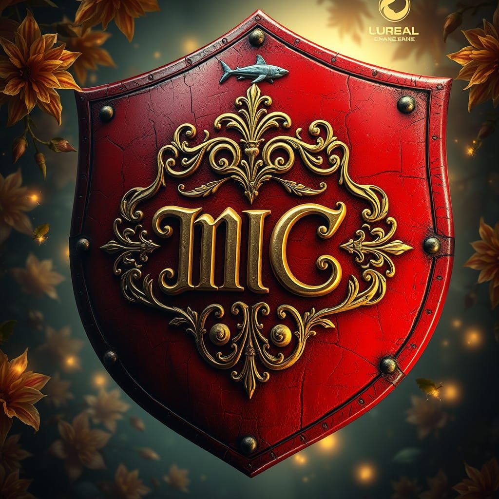 Majestic Red Shield with Golden Shark Logo in Fantasy Concep...