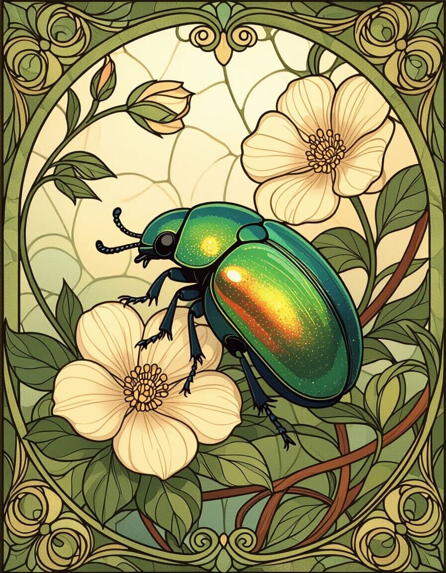 luminous stained-glass illustration of Jewel Beatle resting among flowers and curling branches, designed in classic Art ...