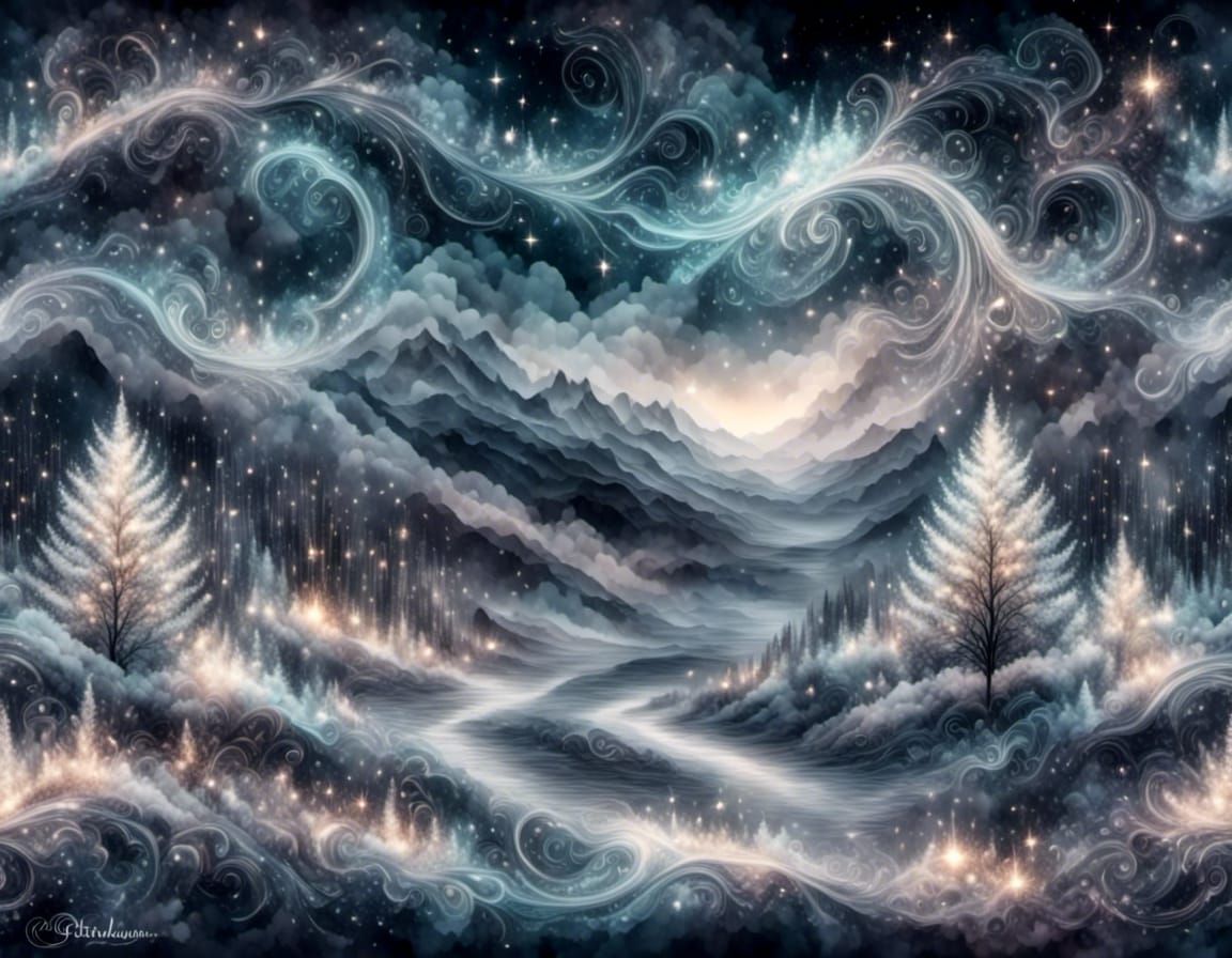 Shining Fractal Winter Landscape with Sparkles