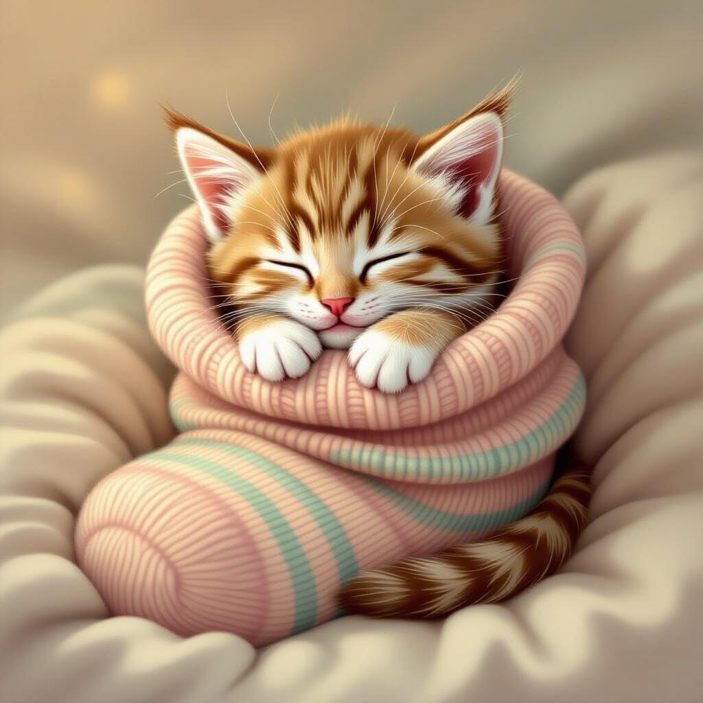 Kitten Sleeping in Sock: Whimsical Digital Illustration