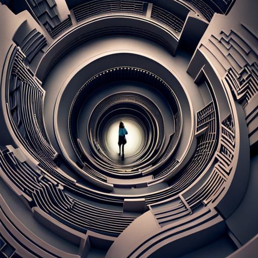 Woman Navigating Labyrinthine World Map, 3D Render